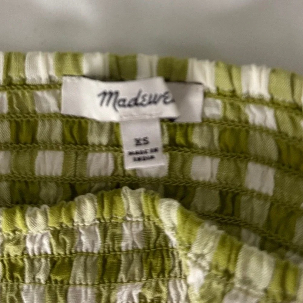 Madewell Cottagecore Green Gingham Smocked Puff Sleeve Square Neck Top XS Ruffle - Picture 5 of 9